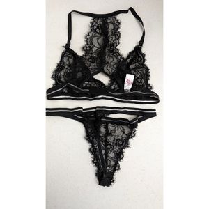 Womens Bra & Panty Black Lace Lingerie Size Large